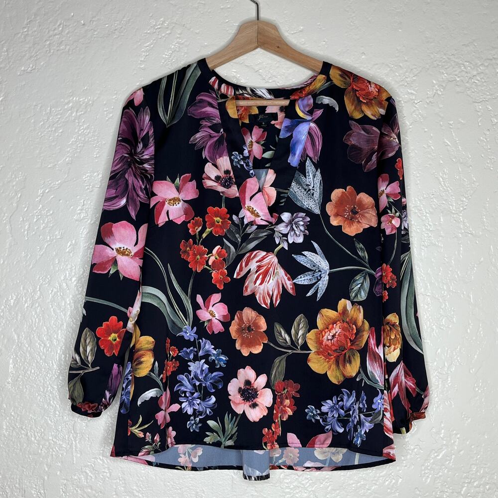 J.Crew Women's Black Open V-neck Top in Midnight Dutch Floral Size Small